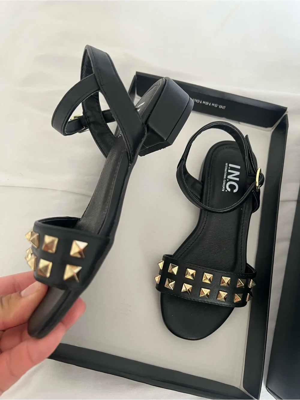 NYC Black Sandals with Gold Pyramid Studs